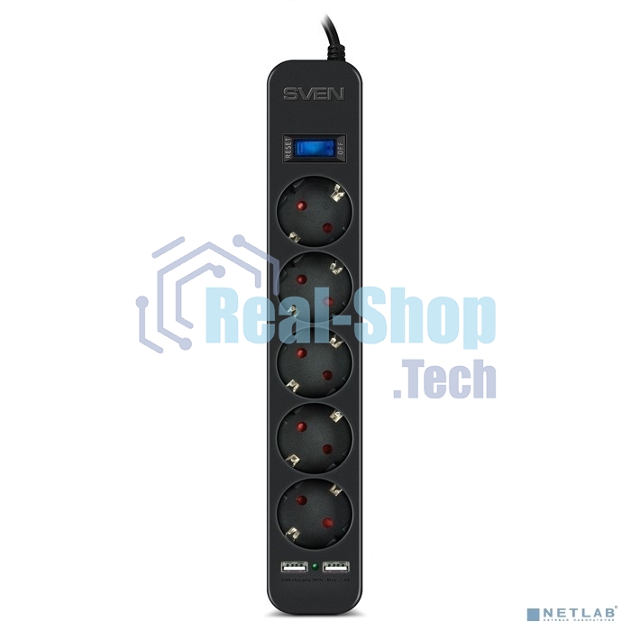 Фильтр SVEN SF-05LU 1,8 м (5 евро розеток,2хUSB(2,4А)) черный, цветная коробка Surge protector SVEN SF-05LU 1,8 м (5 евро розеток,2хUSB(2,4А)) черный, цветная коробка