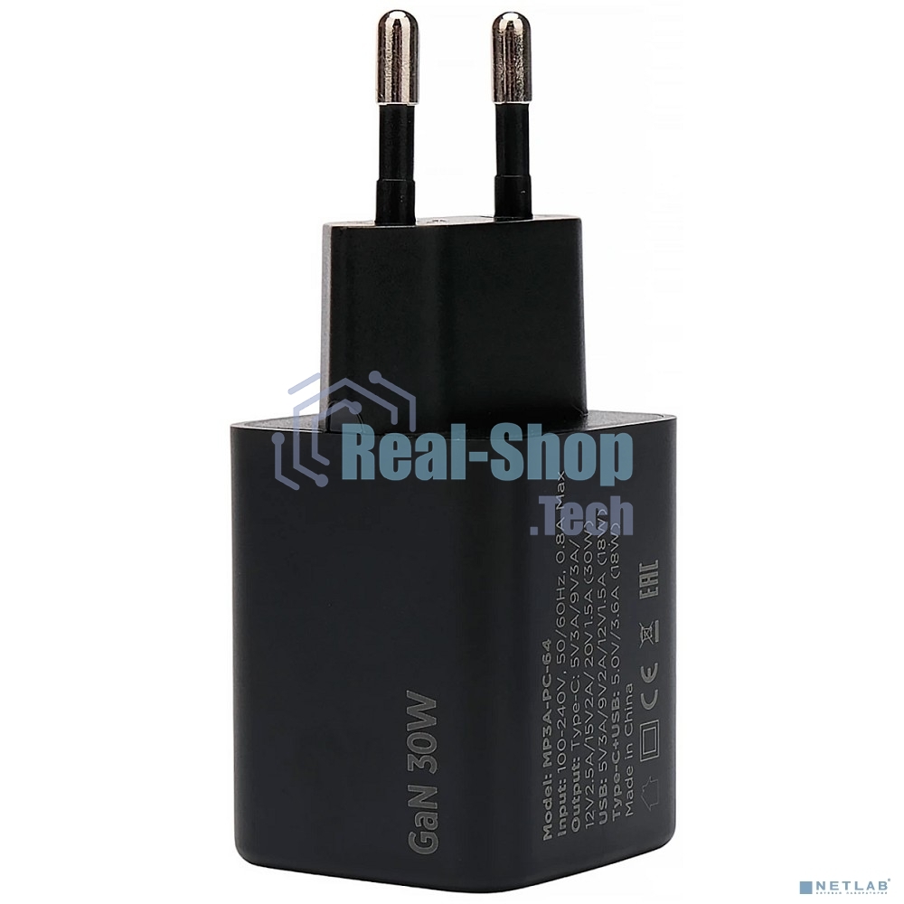Зарядное устройство Cablexpert MP3A-PC-64, 30Вт GaN, 3А, QC4.0/PD, 1xUSB, 1xType-C, черный, пакет