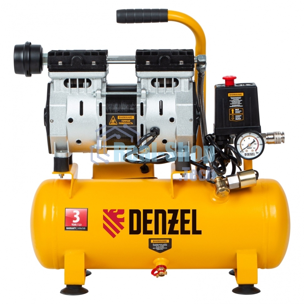 Компрессор Denzel DLS650/10 безмаслянный малошумный 650 Вт, 120 л/мин,ресивер 10 л