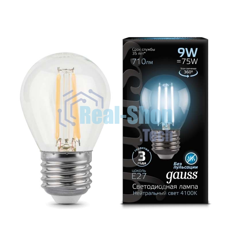 Лампа светодиодная Filament Шар E27 9Вт 4100К Gauss 105802209