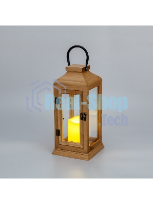 Фонарь декоративный со свечкой Neon-night, корпус из дерева, коричневый, 15х15х38cм, теплый белый