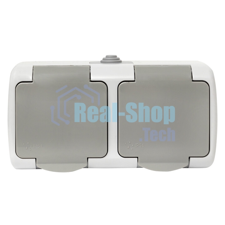Розетка EKF Мурманск EFR16-129-30-54 2-местная 16А с заземлением с крышкой IP54 серый с защитными шторками