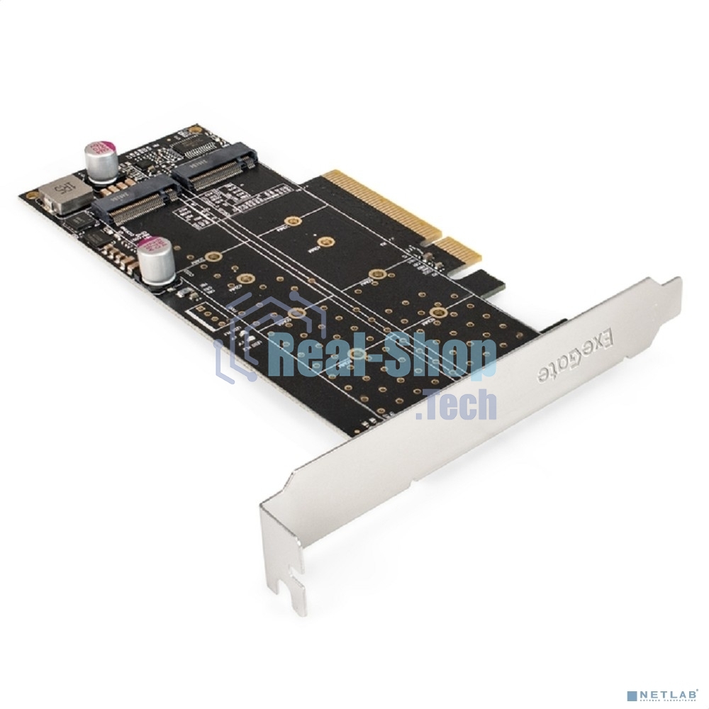 Переходник ExeGate EXE-597E2 (2 x M.2 M key -> PCI-E x8 v3.0, для установки двух SSD M.2 2230/2242/2260/2280/22110 M key NGFF в слот PCI-E, материнская плата должна быть c функции Bifurcation PCI-E)