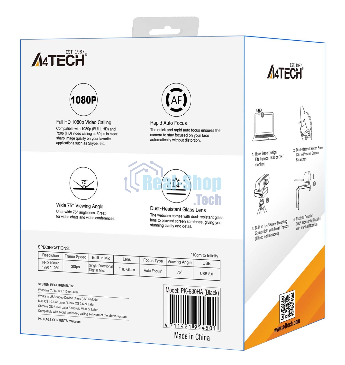Веб-камера A4Tech PK-930HA черный 2Mpix (1920x1080) USB2.0 с микрофоном