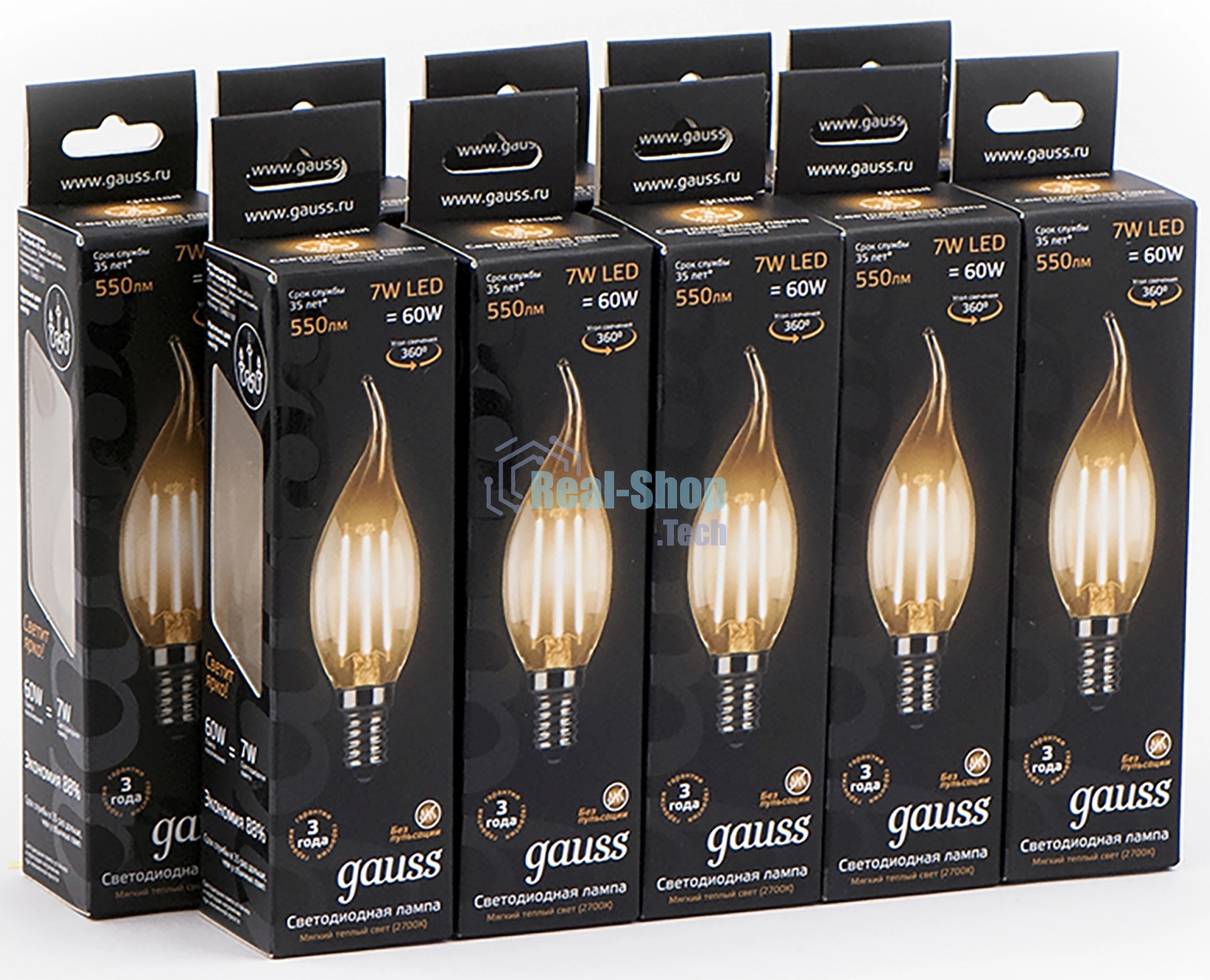 Лампа светодиодная Gauss Filament 7Вт цок.: E14 свеча 220B св. свеч. белый теп. CF35 (упак.: 10 шт) (104801107)