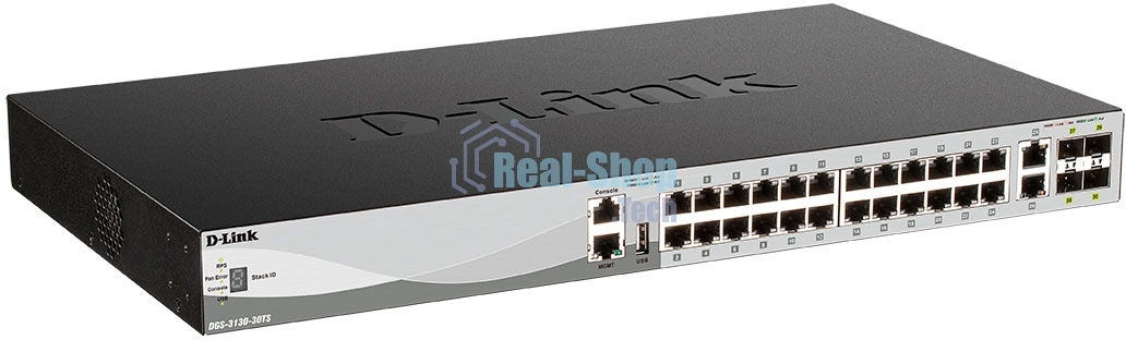 Коммутатор управляемый L3 стекируемый D-Link DGS-3130-30TS/B1A с 24 портами 10/100/1000Base-T, 2 портами 10GBase-T и 4 портами 10GBase-X SFP+