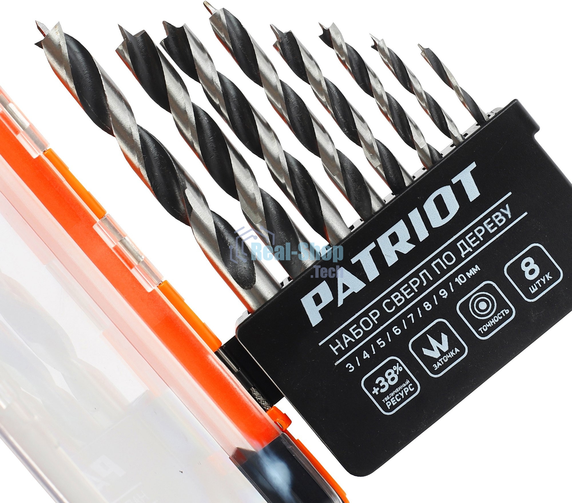 Набор сверл по дереву PATRIOT спиральные, W-образная заточка, 8 шт: 3, 4, 5, 6, 7, 8, 9, 10 мм, в пластиковом боксе