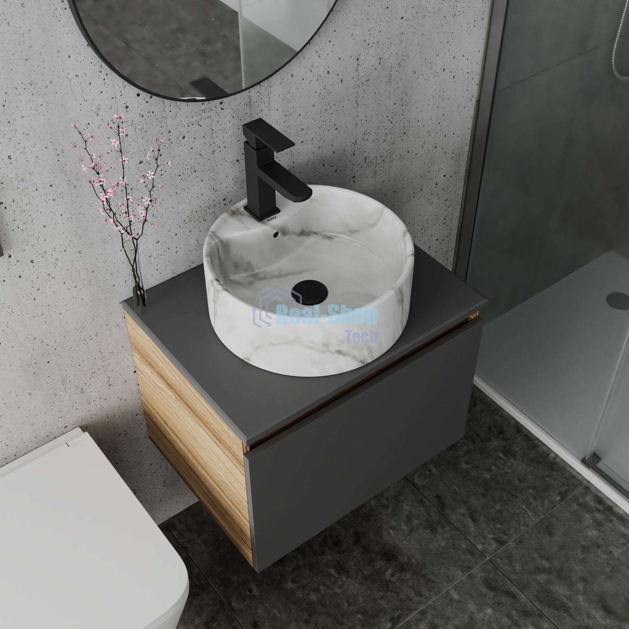 Комплект: тумба Bau Dream Blackwood графит 60, 1 ящик, раковина круглая накладная BAU Element D41, мрамор, смеситель Hotel Black, черный матовый, выпуск клик клак черный