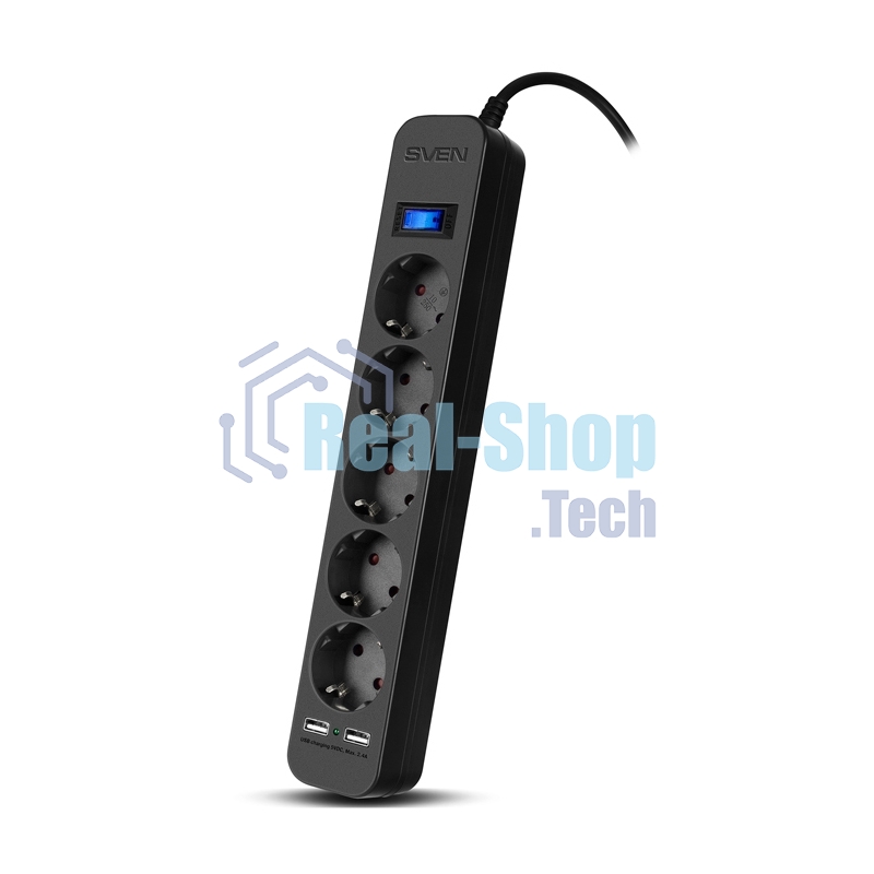 Фильтр SVEN SF-05LU 5.0 м (5 евро розеток,2хUSB(2,4А)) черный, цветная коробка Surge protector SVEN SF-05LU 5.0 м (5 евро розеток,2хUSB(2,4А)) черный, цветная коробка