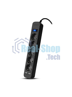 Фильтр SVEN SF-05LU 5.0 м (5 евро розеток,2хUSB(2,4А)) черный, цветная коробка Surge protector SVEN SF-05LU 5.0 м (5 евро розеток,2хUSB(2,4А)) черный, цветная коробка