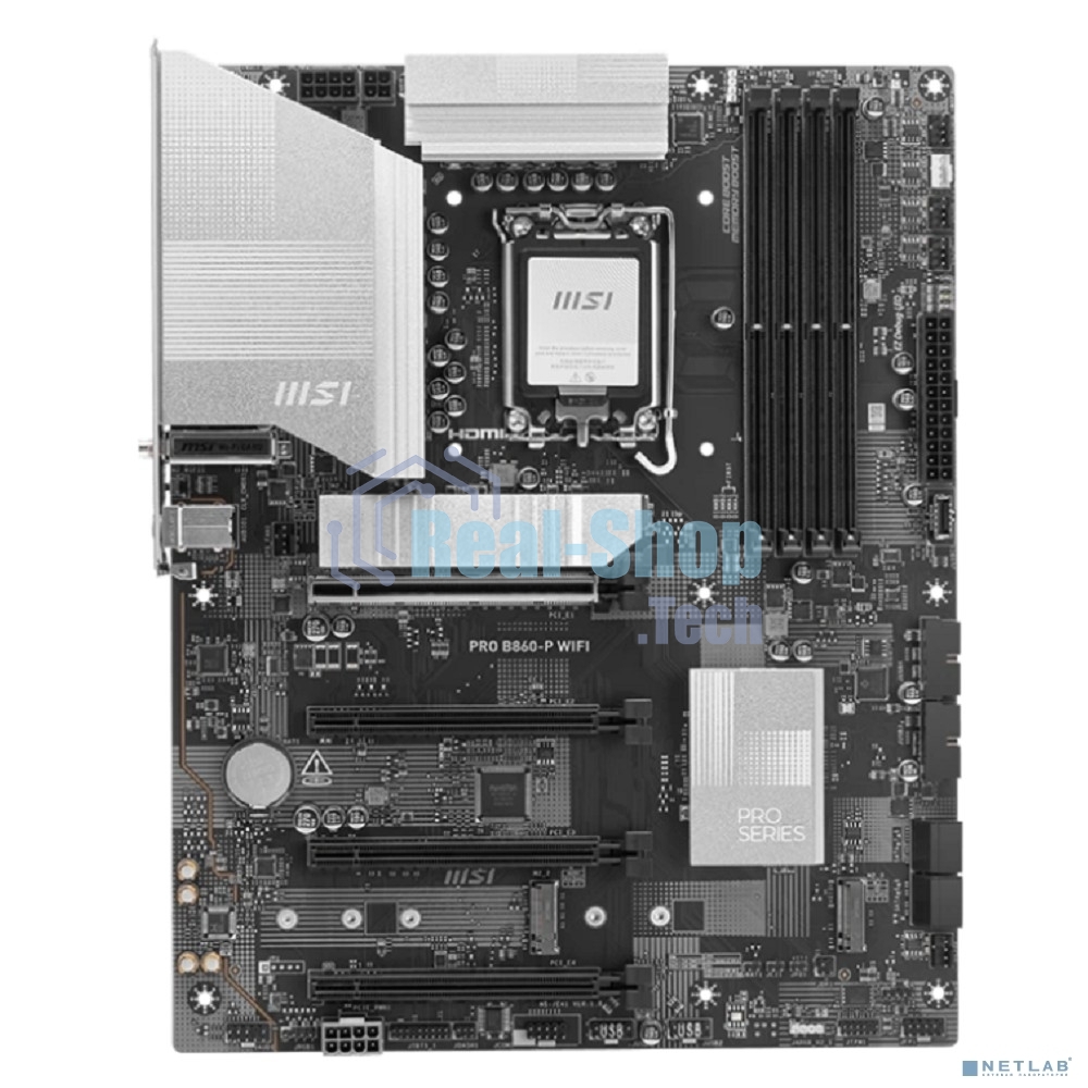 Материнская плата MSI PRO B860-P WIFI, LGA 1851, Intel B860, 4xDDR5, 4xSATA, 3xM.2, 1xPCIe 5.0 x16, 1xPCIe 4.0 x4, 2xPCIe 4.0 x1, 1xHDMI, 1xDP, 1xUSB-C, 1x 5Gb LAN, 2xUSB-A 3.2 Gen 2, 2xUSB-A 3.2 Gen 1, 4xUSB-A 2.0, 3x3.5 мм, 7.1, Wi-Fi 7, ATX