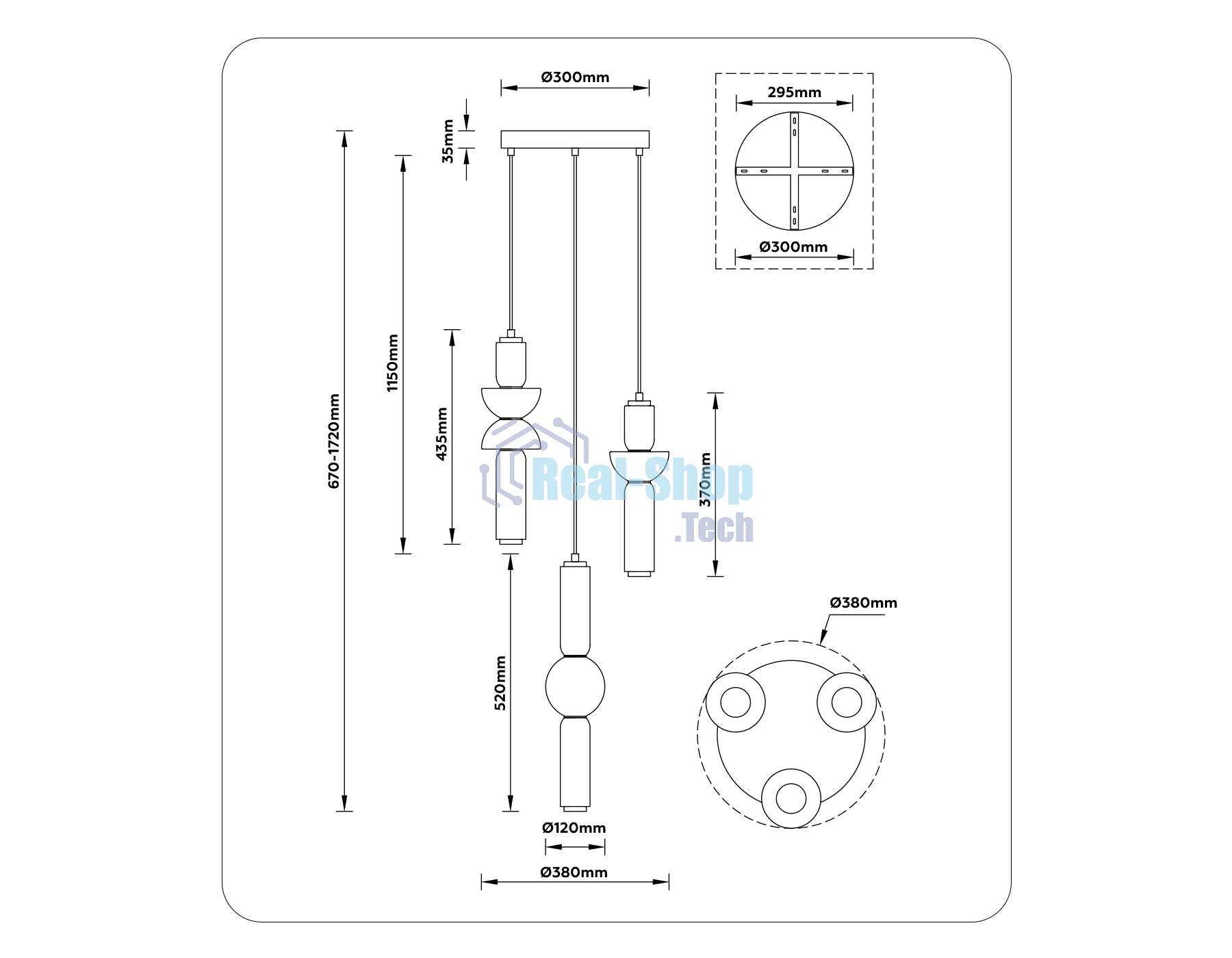 Подвесной светодиодный светильник Ambrella light LH11026/3 BK/SM черный/дымчатый 40W 3000K D380*1720