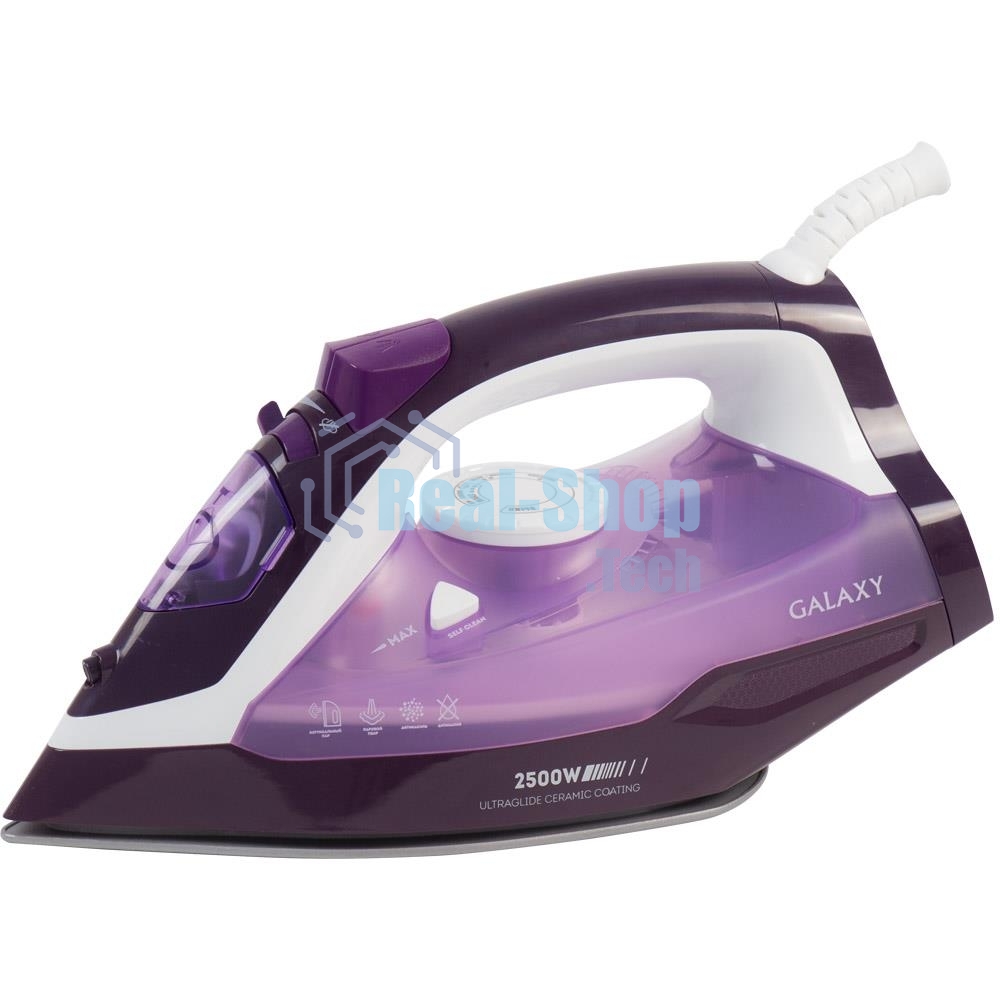 Утюг Galaxy Line GL 6124, фиолетовый с белым, паровой, 2500 Вт, постоянный пар 50 г/мин, паровой удар 230 г/мин, функции: самоочистка, антикапля, антинакипь, функция увлажнения, вертикальное отпаривание, защита от перегрева, индикатор нагрева, керамическо