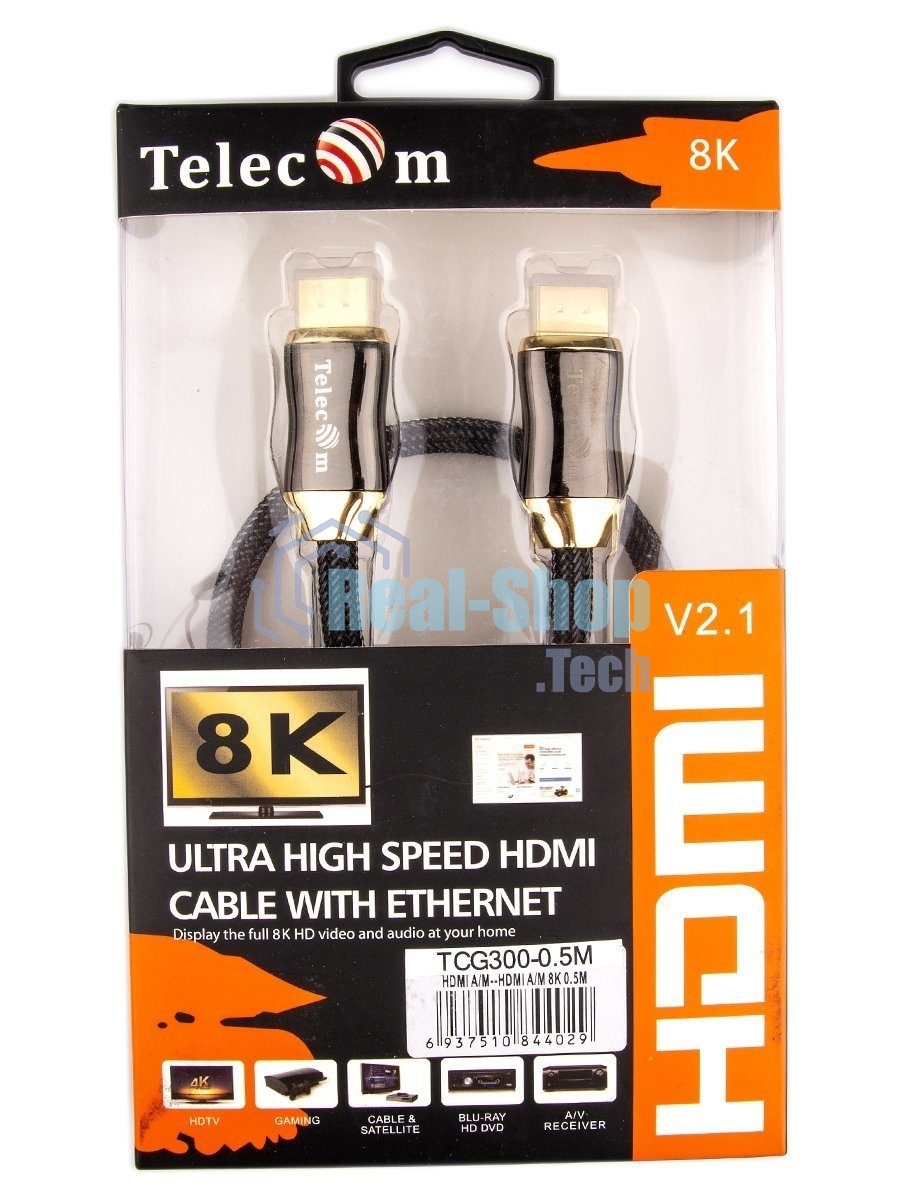 Кабель HDMI 19M/M,ver. 2.1, 8K@60 Hz 0.5m метал разъемы, нейлоновая оплетка Telecom TCG300-0.5M Кабель HDMI 19M/M,ver. 2.1, 8K@60 Hz 0.5m метал разъемы, нейлоновая оплетка Telecom