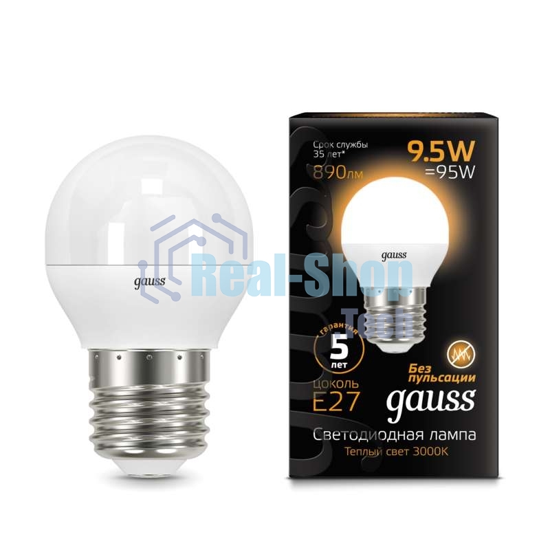 Лампа светодиодная Gauss LED Шар E27 9.5W 890lm 3000K 1/10/50