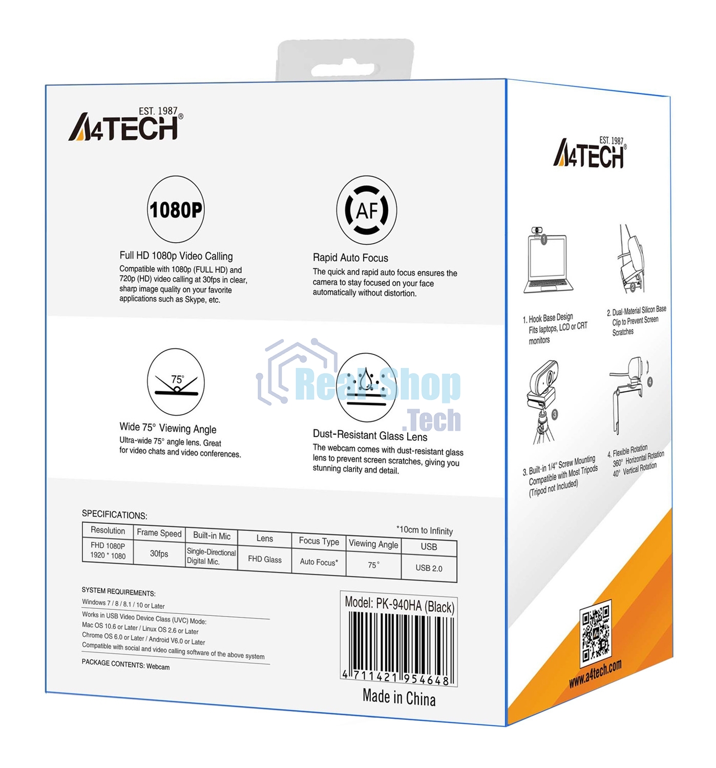Веб-камера A4Tech PK-940HA черный 2Mpix (1920x1080) USB2.0 с микрофоном