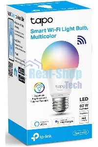 Умная многоцветная Wi‑Fi лампа Tapo Smart WiFi Bulb, A60 size，E27 base, 9.5W, 16 million colors, 2000k-6500k tunable white, 800 lumens brightness and diммable, 802.11b/g/n 2.4G WiFi connection, work with 200-240 V, 50/60 Hz power voltage and frequency, wo