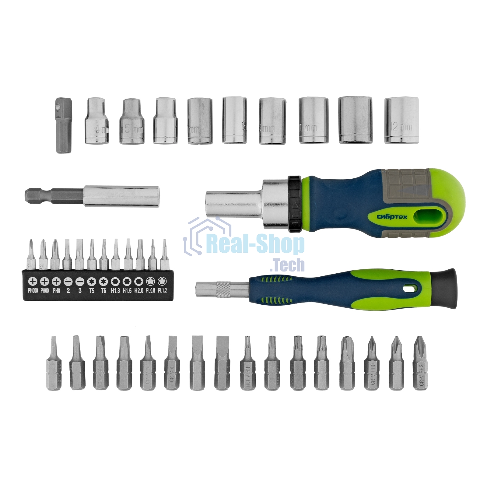 Отвертки Сибртех реверсивные с набором бит и торцевыми головками, 41 шт