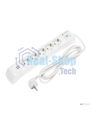 Сетевой фильтр 5 гнезд, 3м, 3х1,5мм², с автовыкл, 2 USB, белый Kranz