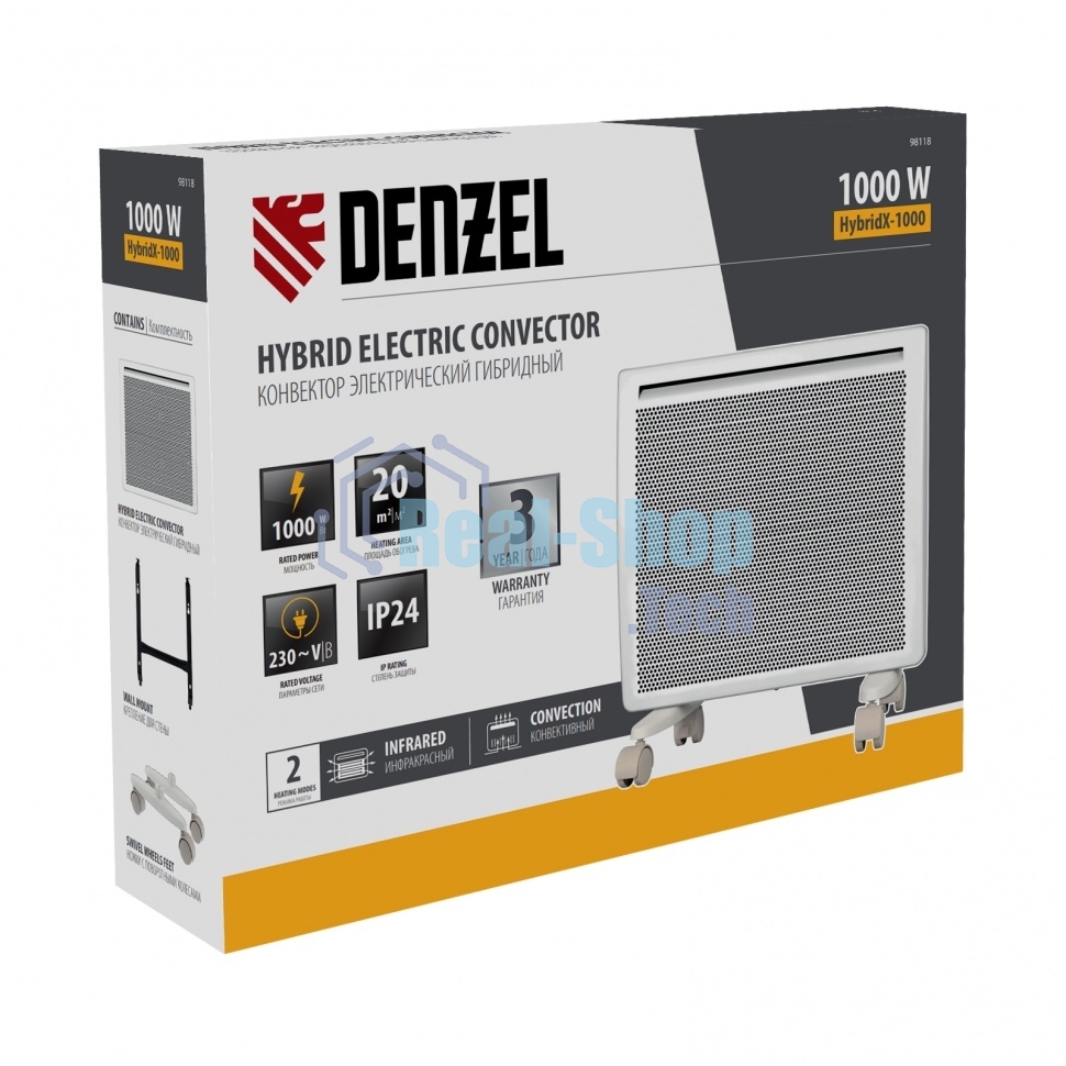 Конвектор гибридный Denzel HybridX-1000 белый, 1000 Вт, 20 м2, термостат, дисплей
