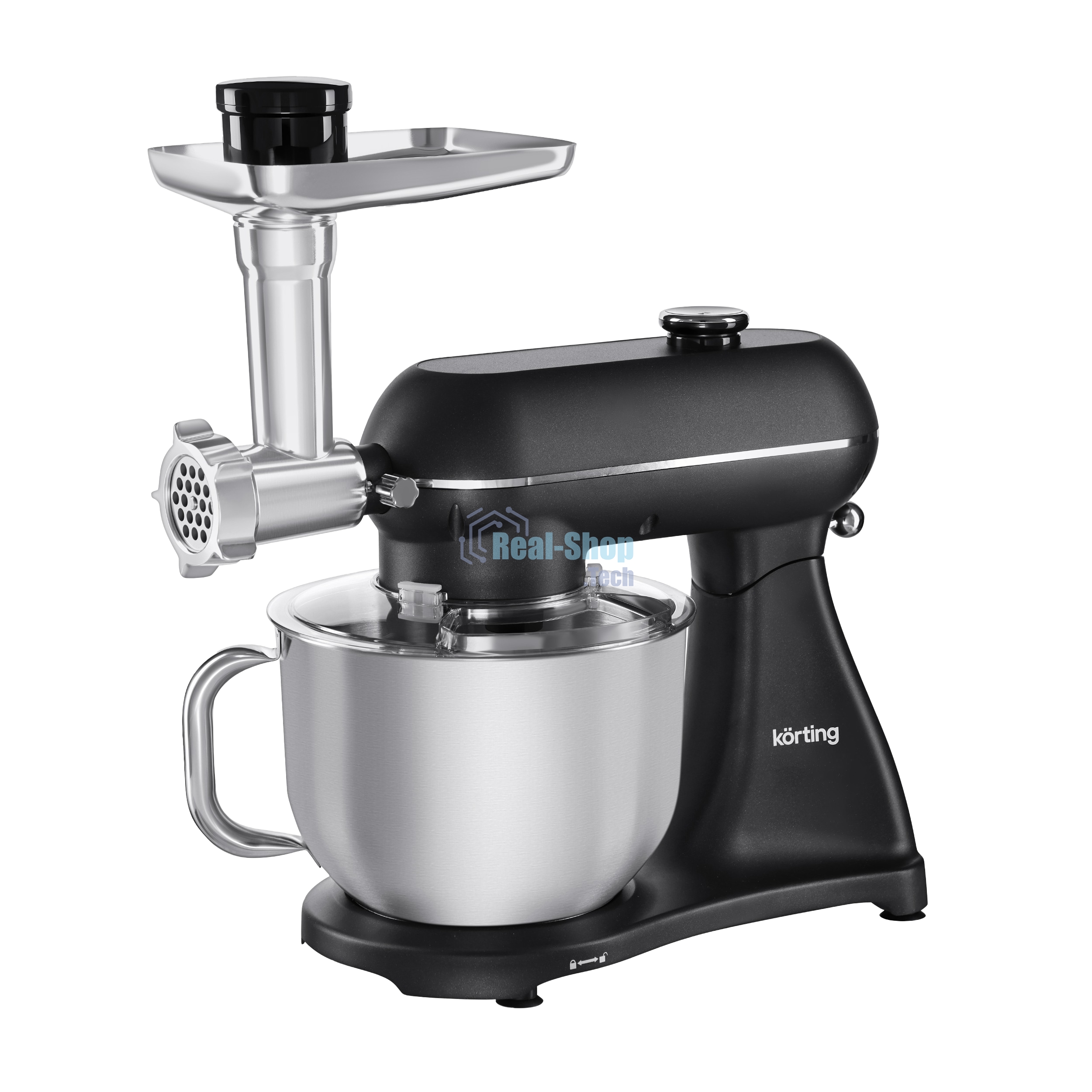 Кухонная машина Korting KKM 0107 MB N, мощность 1500 Вт, 5 насадок, объем чаши 6.5 л, сенсорный дисплей/механическое управление, планетарное вращение, 11 скоростей, турборежим, импульсный режим, таймер, насадка для смешивания/крюк для теста/веничк/мясорубка, черный