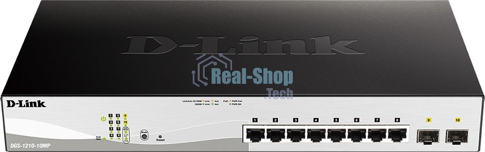 Коммутатор D-Link DGS-1210-10MP/F3A Smart L2 Switch 8х1000Base-T PoE, 2х1000Base-X SFP, PoE Budget 130W, Compact CLI