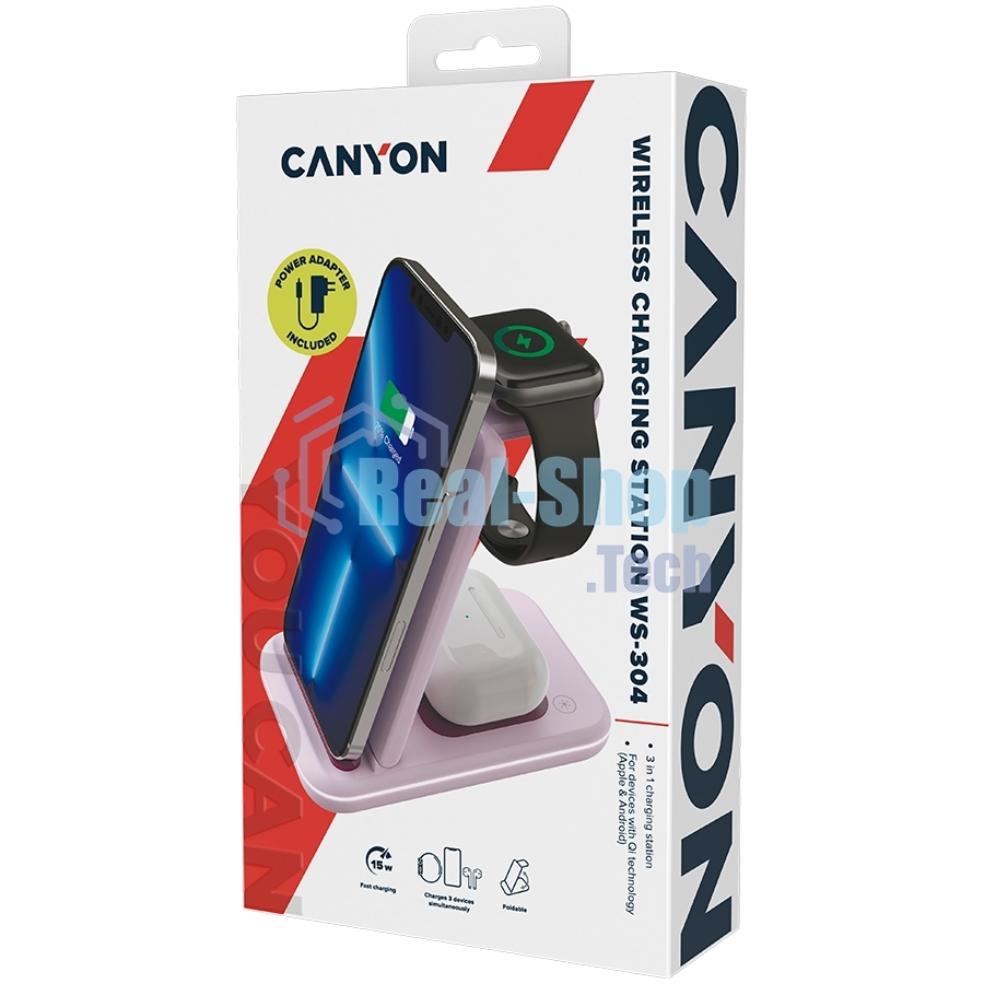 Беспроводное зарядное устройство CANYON WS-304,  Foldable  3in1 Wireless charger, with touch button for Running water light, Input 9V/2A,  12V/1.5AOutput 15W/10W/7.5W/5W, Type c to USB-A cable length 1.2m, with QC18W EU plug,132.51*75*28.58mm, 0.168Kg, Ic