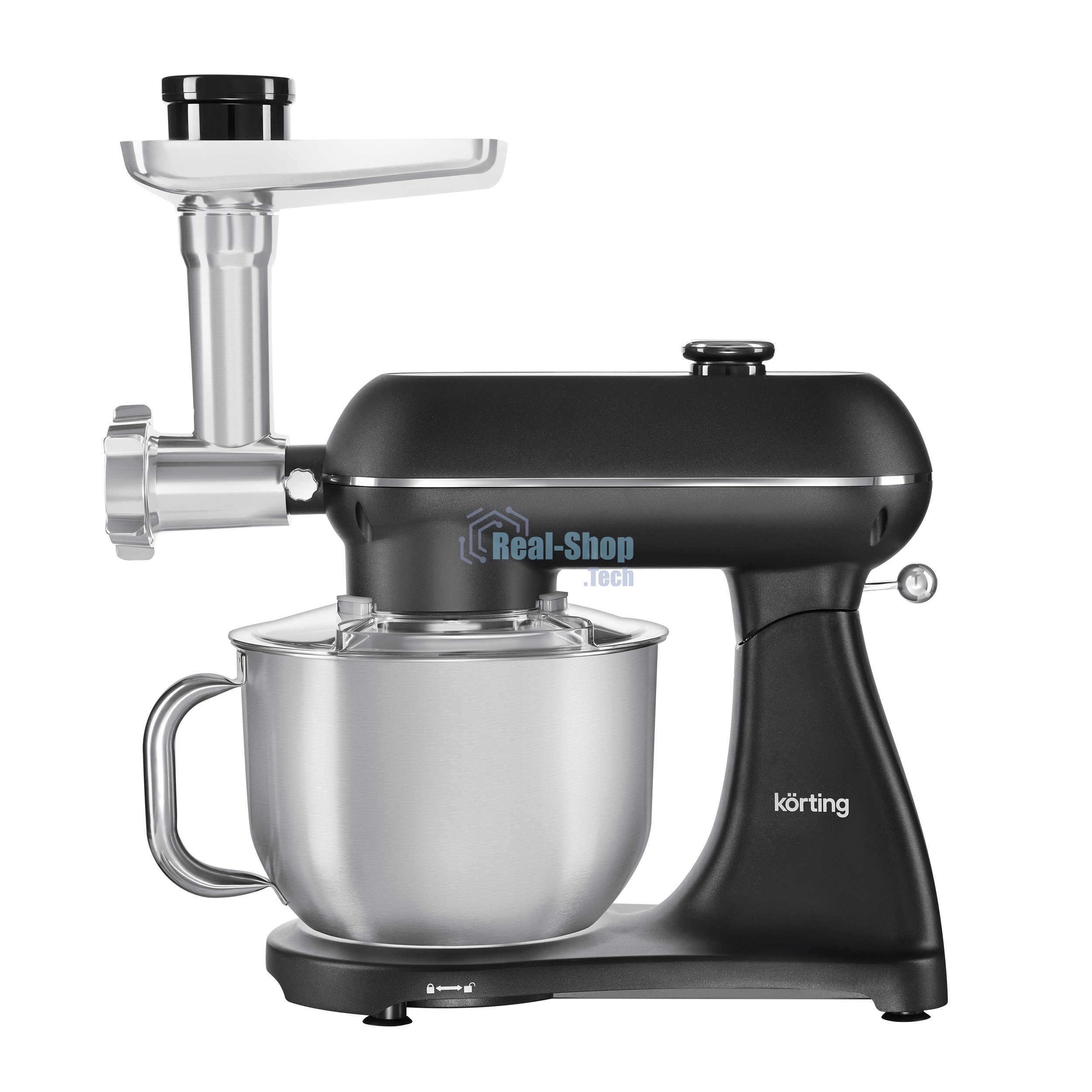 Кухонная машина Korting KKM 0107 MB N, мощность 1500 Вт, 5 насадок, объем чаши 6.5 л, сенсорный дисплей/механическое управление, планетарное вращение, 11 скоростей, турборежим, импульсный режим, таймер, насадка для смешивания/крюк для теста/веничк/мясорубка, черный