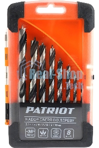 Набор сверл по дереву PATRIOT спиральные, W-образная заточка, 8 шт: 3, 4, 5, 6, 7, 8, 9, 10 мм, в пластиковом боксе