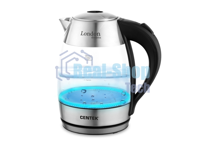 Чайник электрический Centek CT-0059 London, стекло, 1.8л, 2200Вт, LED-подсветка, отделка нерж.