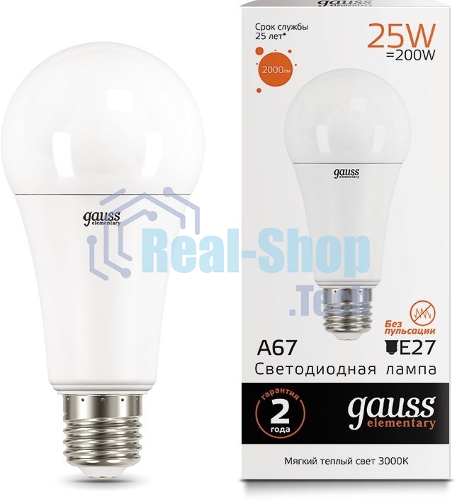 Лампа светодиодная Gauss LED Elementary A67 25W E27 2000lm 3000K 1/10/50 0