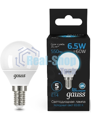 Лампа светодиодная Gauss 105101307 6.5Вт цок.:E14 шар 220B 6500K св.свеч.бел.хол. (упак.:10шт)