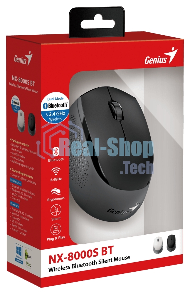 Мышь беспроводная Genius NX-8000S BT черный, 1200 dpi, радиоканал, Bluetooth, USB, кнопки - 3