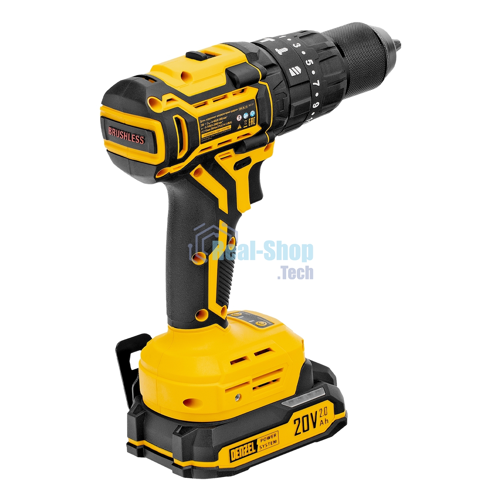 Дрель-шуруповерт аккумуляторная ударная бесщет. Denzel CIDH-BL-20, Li-Ion, 20 В