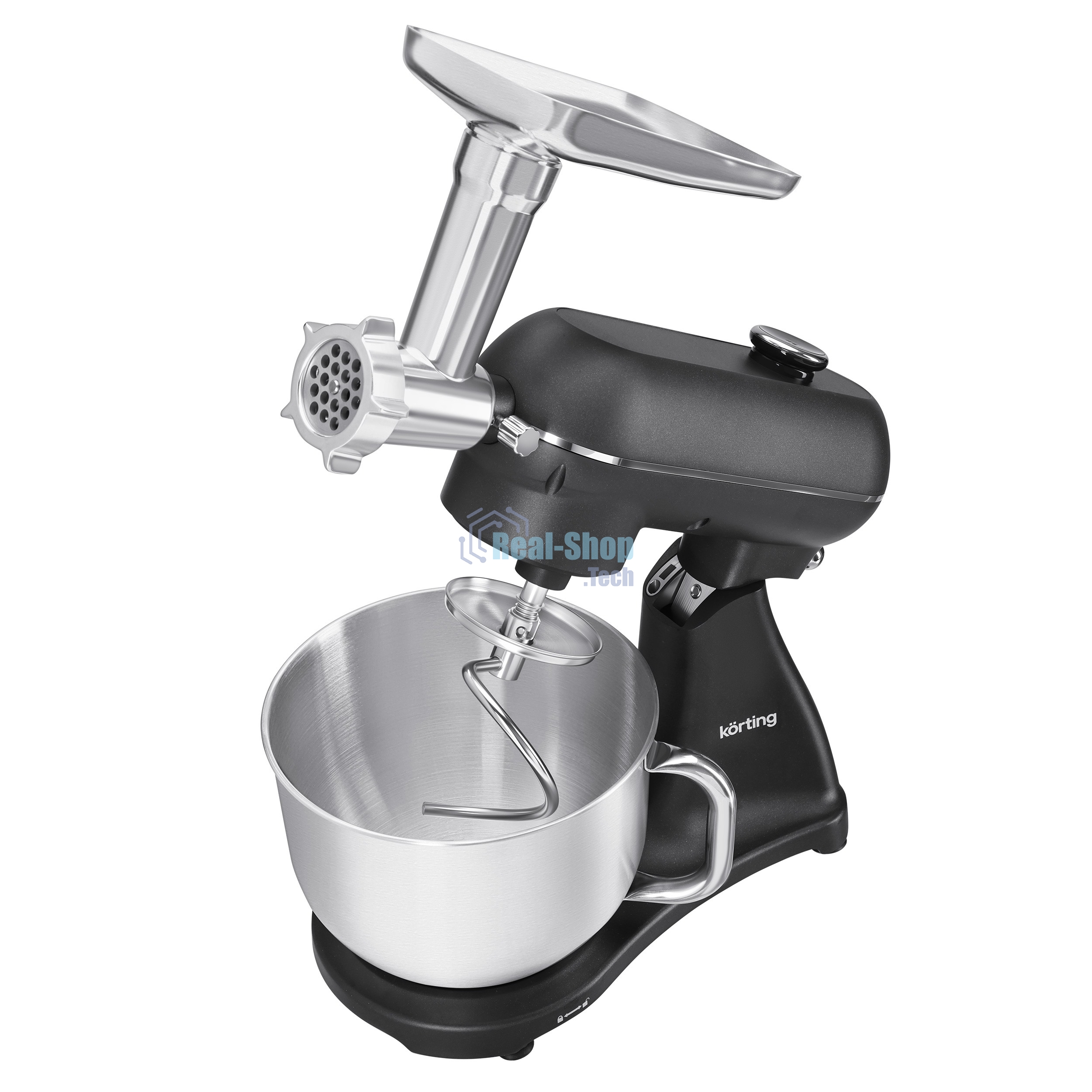 Кухонная машина Korting KKM 0107 MB N, мощность 1500 Вт, 5 насадок, объем чаши 6.5 л, сенсорный дисплей/механическое управление, планетарное вращение, 11 скоростей, турборежим, импульсный режим, таймер, насадка для смешивания/крюк для теста/веничк/мясорубка, черный