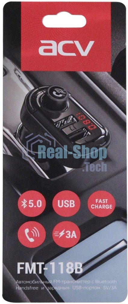 Автомобильный FM-модулятор ACV FMT-118B черный MicroSD BT USB (37399)