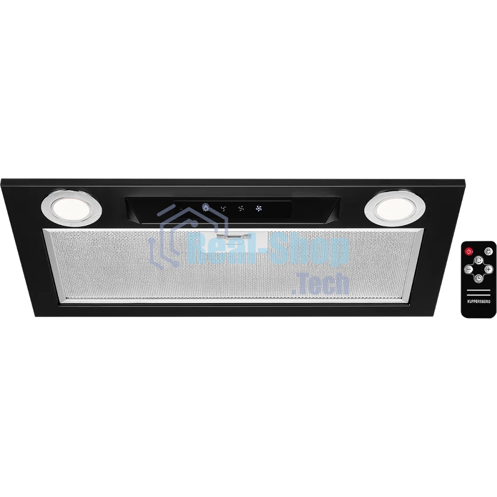 Вытяжка встраиваемая Kuppersberg INLINEA 52 Black, ширина 52 см, отвод/рециркуляция, 850 м3/час, электронное сенсорное управление, таймер, пульт ДУ, 3 скорости, светодиодное освещение 2х3,5 Вт, металлический жироулавливающий фильтр, угольный фильтр С6С (опция), 42 дБ, черный