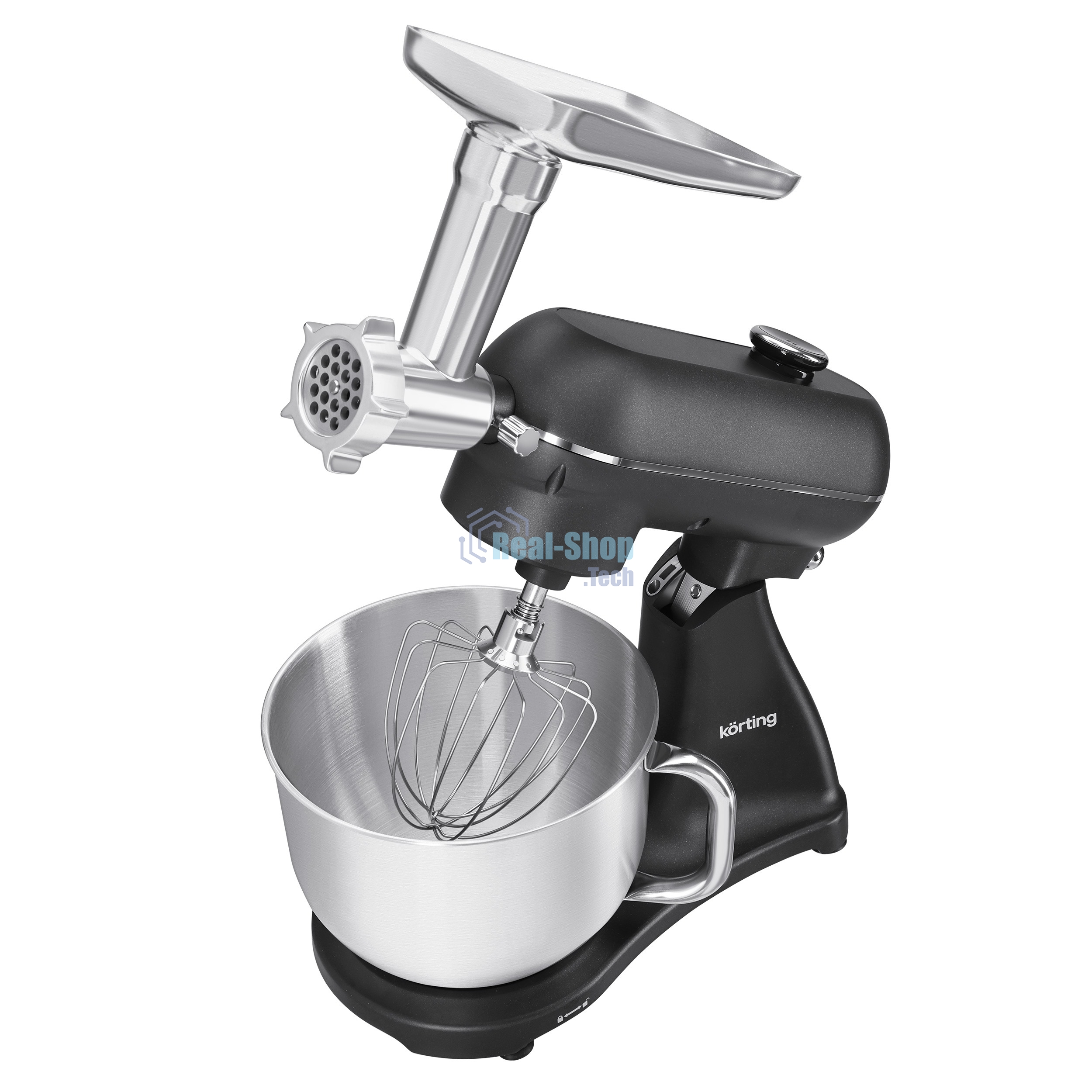 Кухонная машина Korting KKM 0107 MB N, мощность 1500 Вт, 5 насадок, объем чаши 6.5 л, сенсорный дисплей/механическое управление, планетарное вращение, 11 скоростей, турборежим, импульсный режим, таймер, насадка для смешивания/крюк для теста/веничк/мясорубка, черный