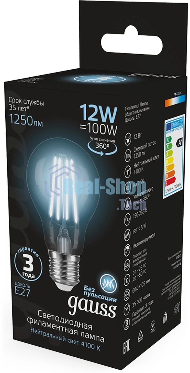 Лампа cветодиодная Gauss Filament А60 12W 1250lm 4100К Е27 LED 1/10/40