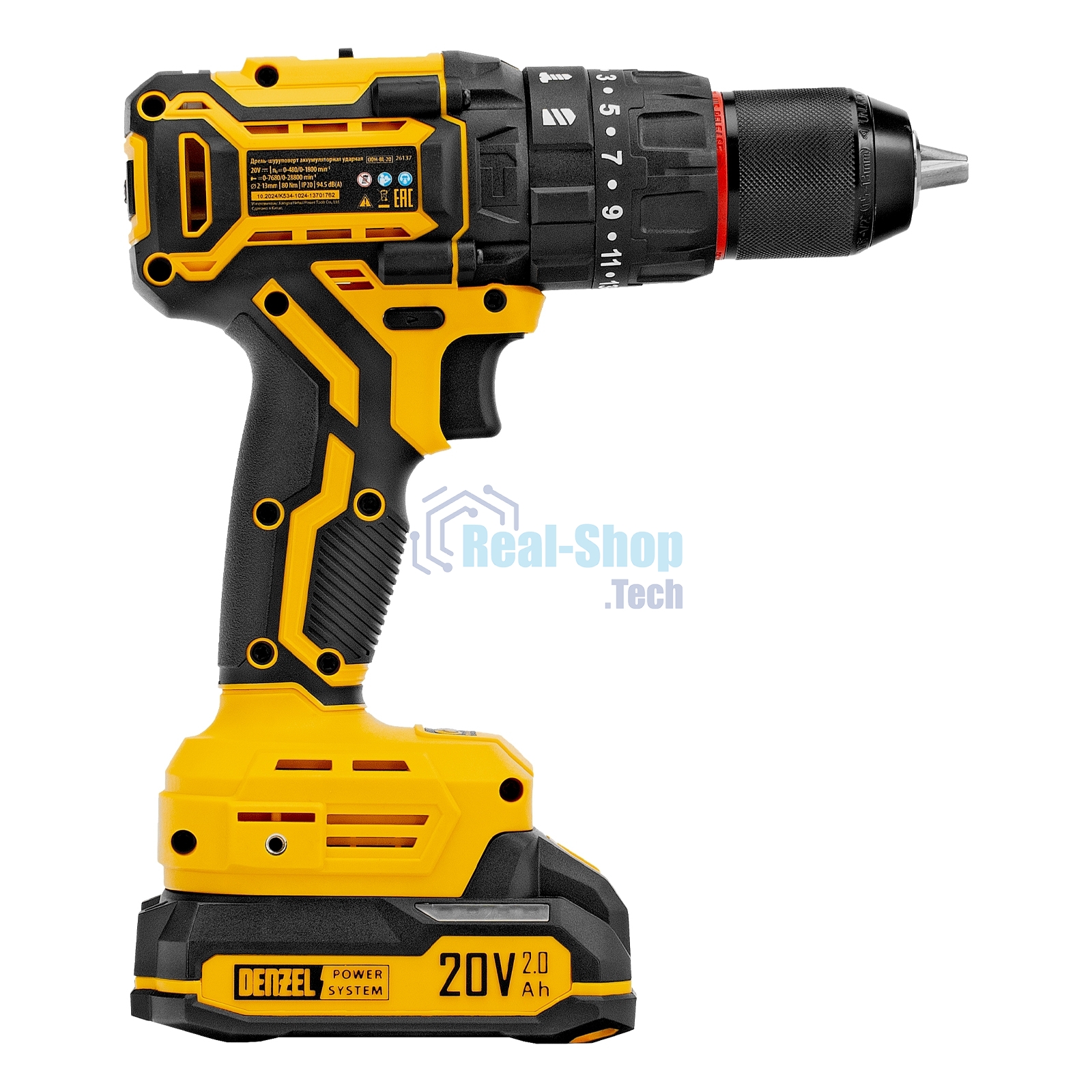 Дрель-шуруповерт аккумуляторная ударная бесщет. Denzel CIDH-BL-20, Li-Ion, 20 В