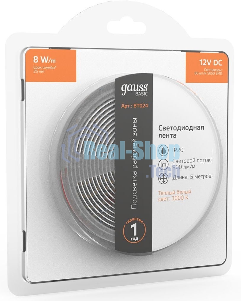 Лента светодиодная Basic Gauss 12V 8W/m 900lm/m 3000K IP20 LED 5m 1/100