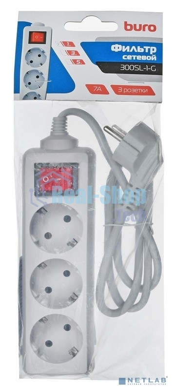 Сетевой фильтр Buro 300SL-1-G 1м (3 розетки) серый (пакет ПЭ)