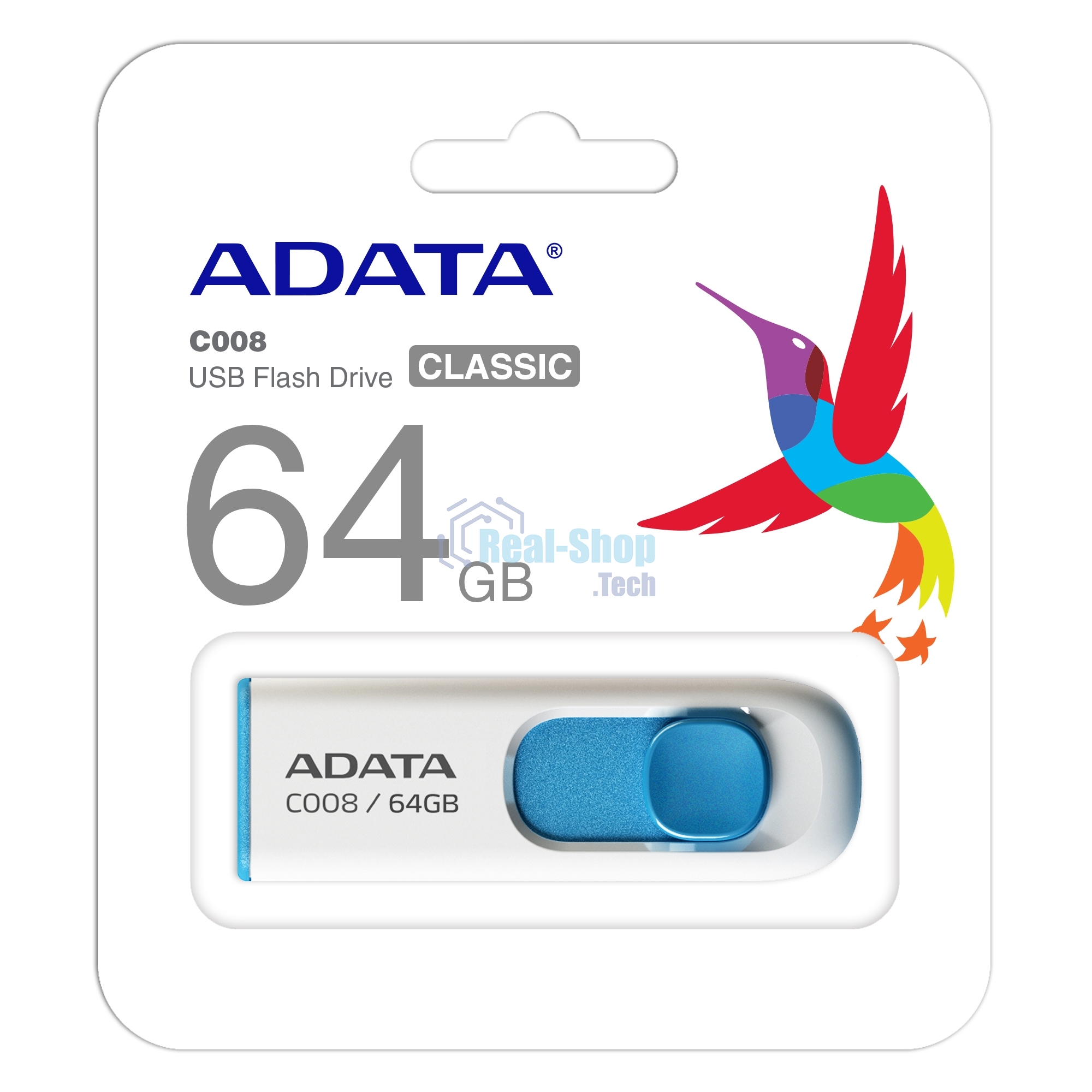 Флешка USB ADATA С008 (AC008-64G-RWE), 64Gb, USB 2.0, R/W 15/5, белый/синий
