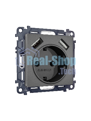 Комплект механизма электрической розетки ALFA Антрацит серый 2USB A+A 18W (быстрая зарядка) с/з QUANT (AP6590, VM155) MA659010