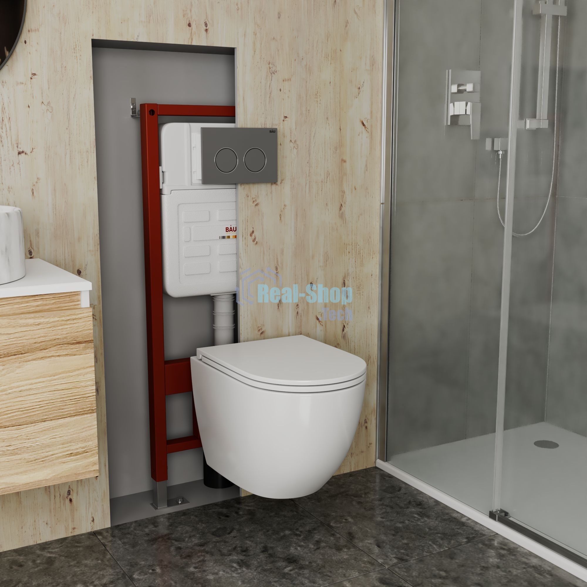 Комплект BAU 6 в 1: усиленная инсталляция BAU IDEAL, унитаз подвесной безободковый вихревой Bau Dream Hurricane3, сиденье дюропласт микролифт, клавиша BAU Round Gun gray, серый металлик