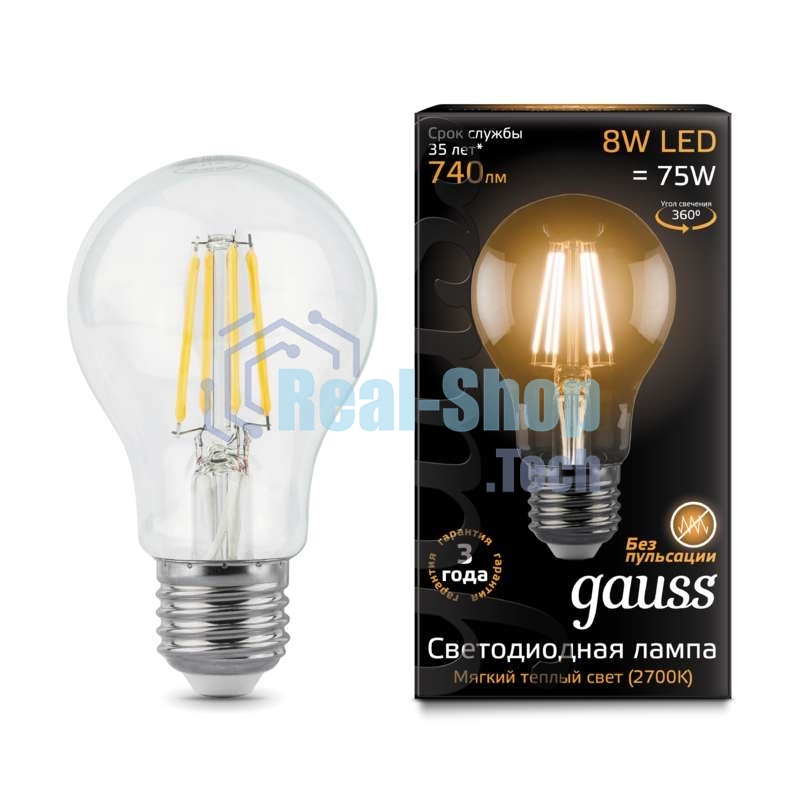Лампа светодиодная Gauss Filament A60 E27 8Вт 2700К
