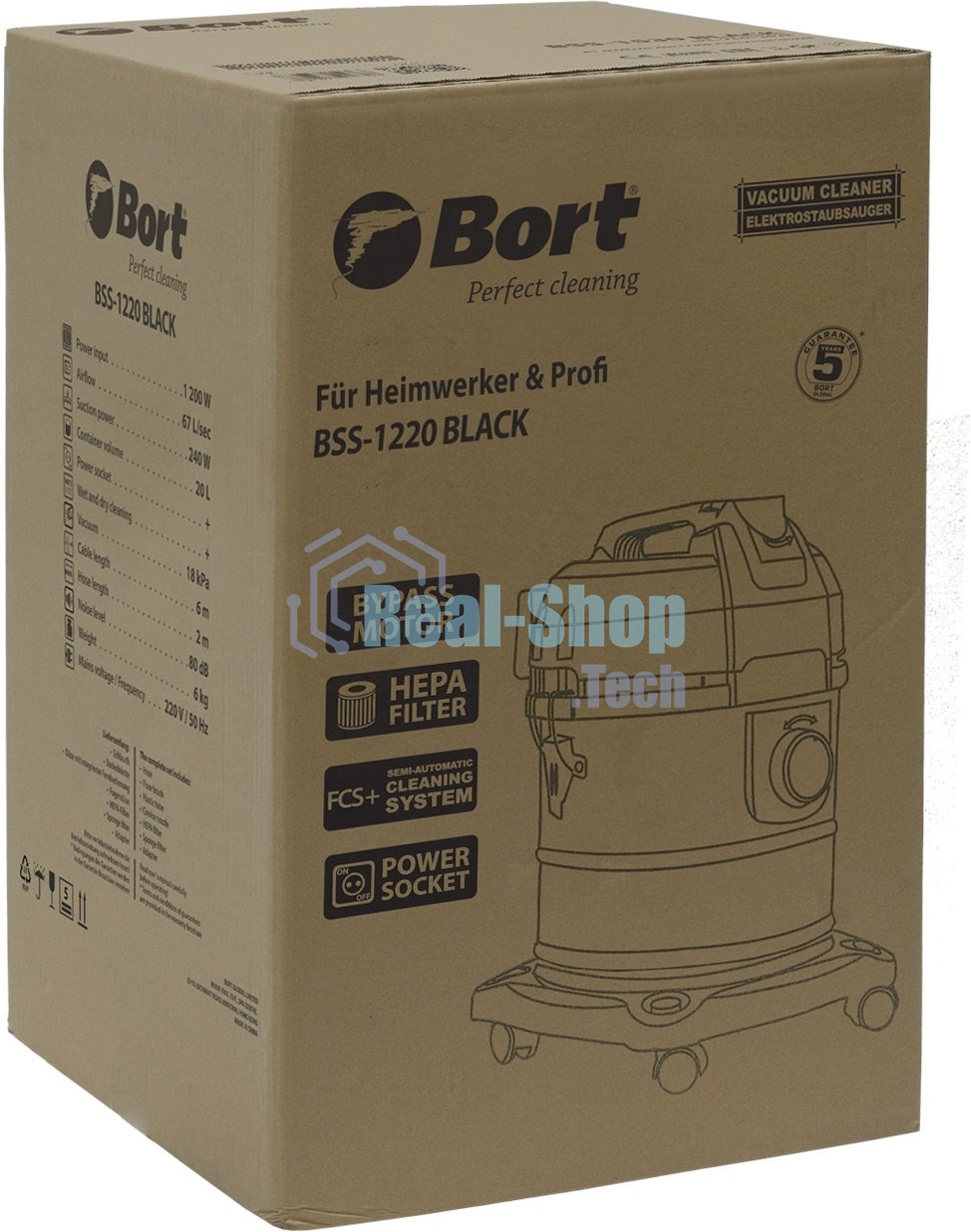 Строительный пылесос Bort BSS-1220 черный (93412598) 240/1200 Вт, уборка сухая/влажная, пылесборник мешок/контейнер, 20 л