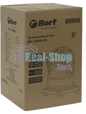 Строительный пылесос Bort BSS-1220 черный (93412598) 240/1200 Вт, уборка сухая/влажная, пылесборник мешок/контейнер, 20 л