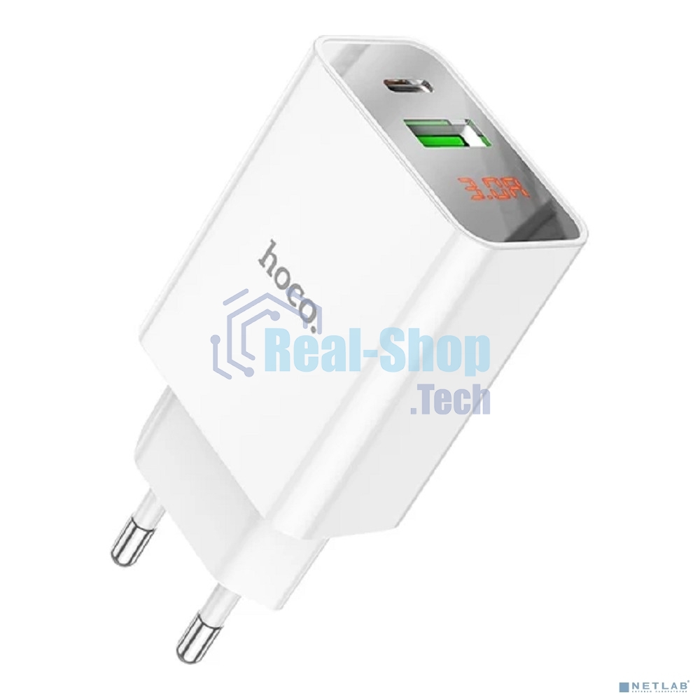 Сетевое зарядное устройство с дисплеем Hoco 18Вт, 3А, QC3.0/PD, 1хUSB, 1хType-C, C100A, белый, коробка