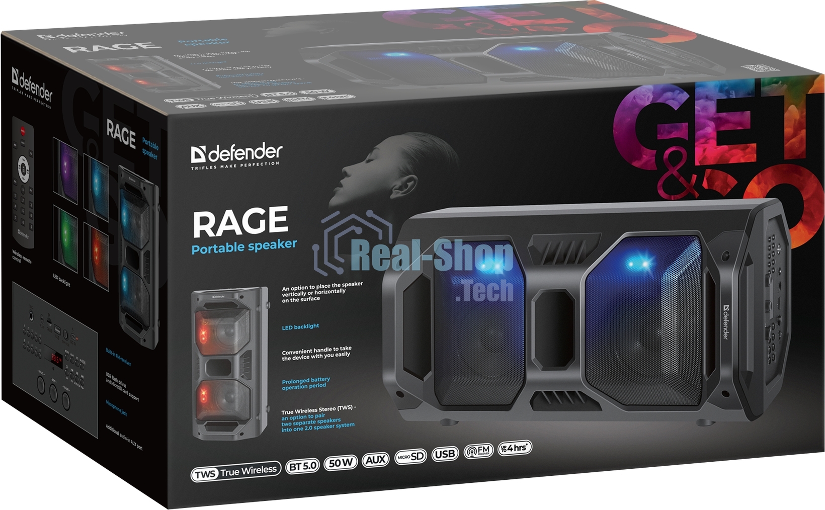 Портативная акустика Defender Rage 50 Вт Light/BT/FM/USB/LED/TWS черный